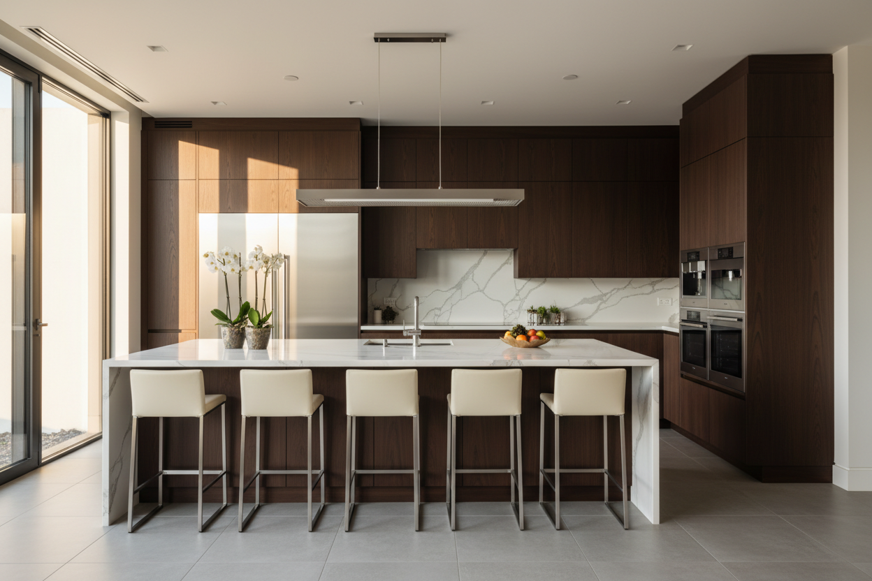 Upscale kitchen interior with integrated appliances