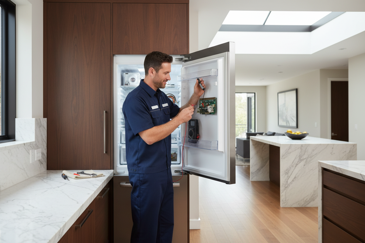 Professional technician inspecting a built-in refrigerator